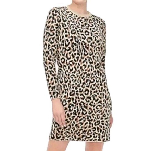 J. Crew Factory Leopard Print Mob Wife Mini Dress Women's Small Tan Sweater - Picture 1 of 8